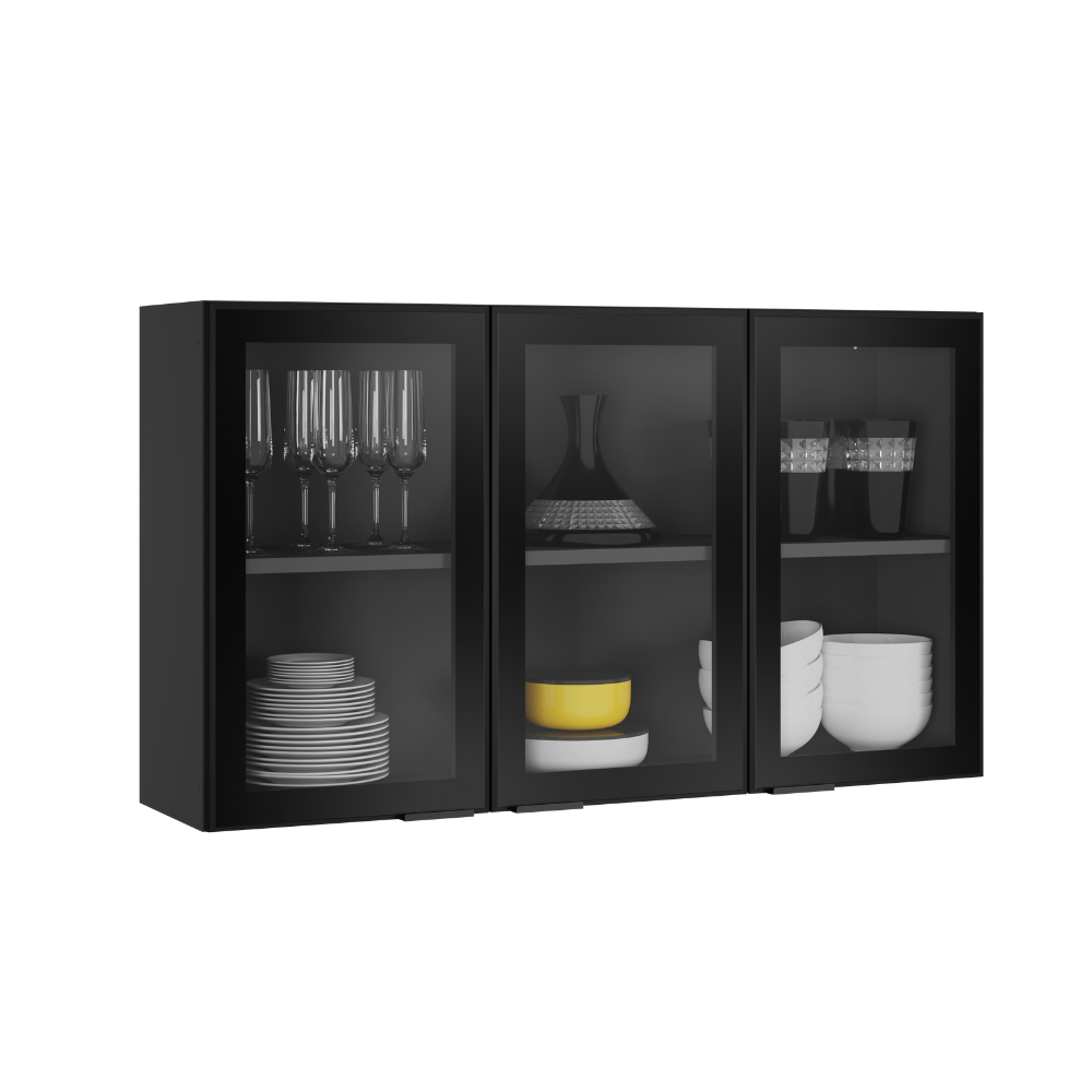 imagem de Armário Aéreo de Cozinha Preto Matte 3 Portas Alto com Vidro Exclusive